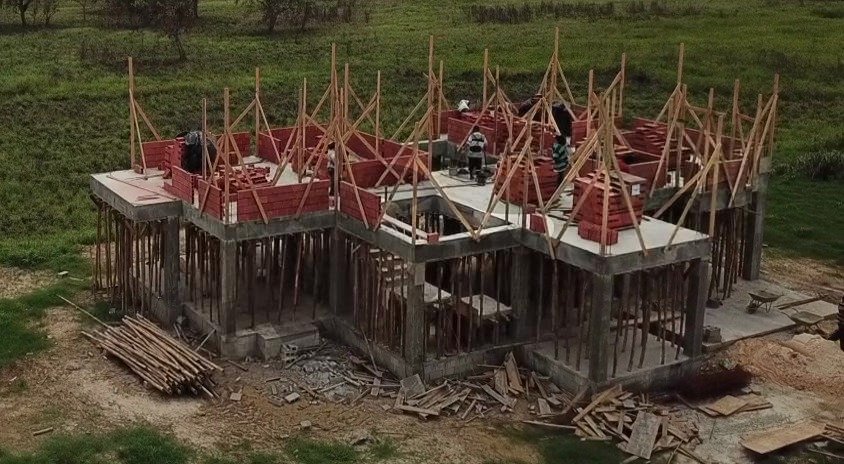 Aerial view of roofing construction